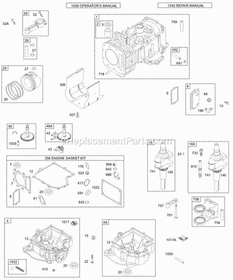 Crankcase CoverSump Crankshaft Cylinder PistonRings Connecting Rod Diagram and Parts List for 28S707-1149-E1  Briggs and Stratton Engine